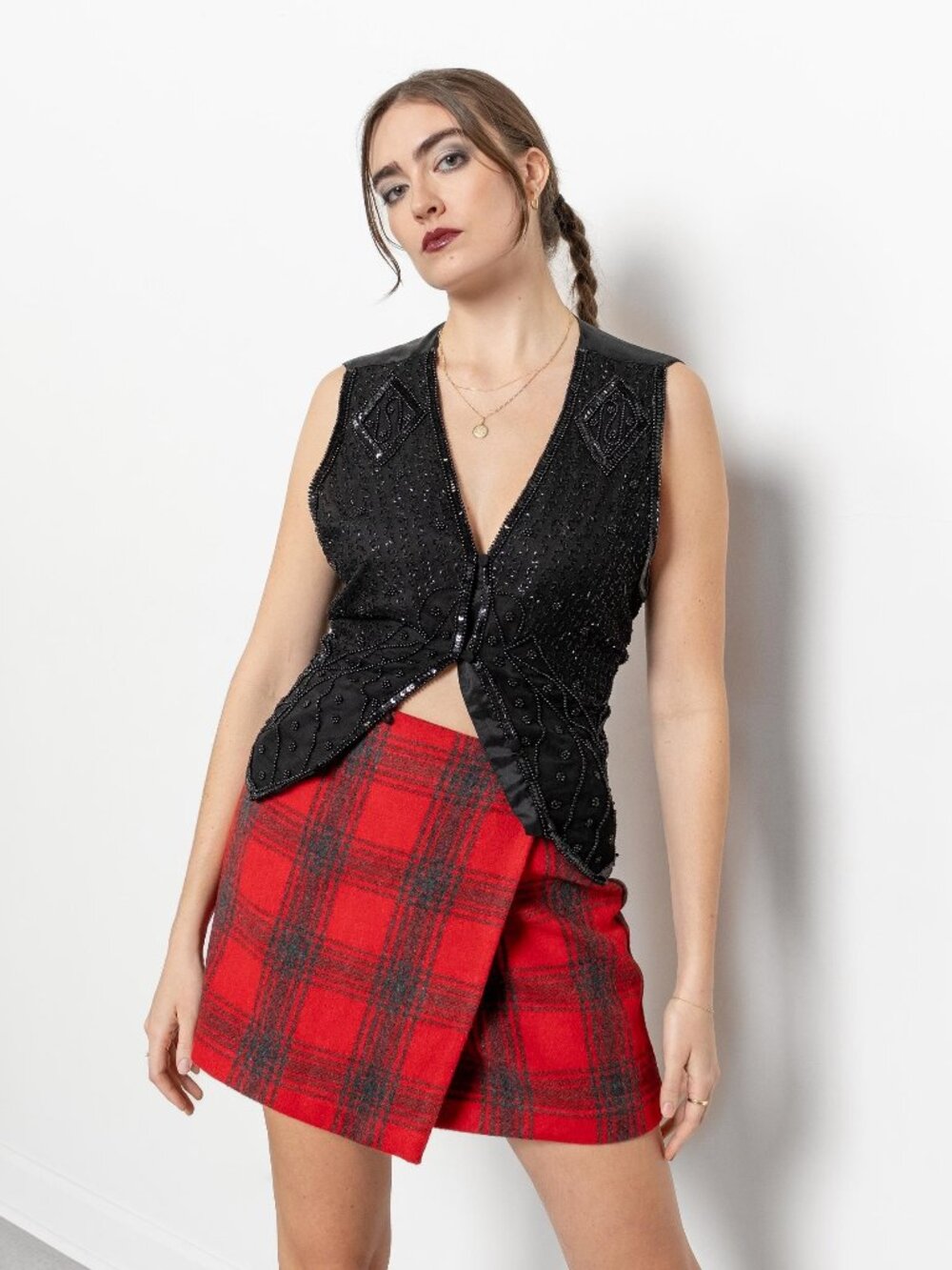 Vintage Plaid Wool Mini Skirt, Y2K Red Wrap, Size 8